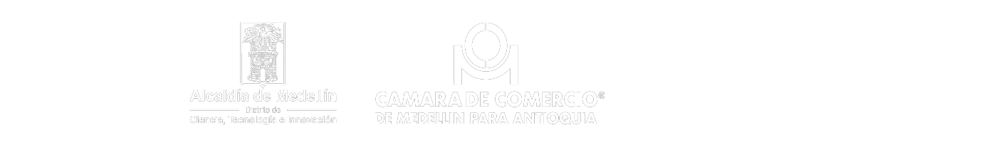 Logos en blanco de la Alcaldía de Medellín, Cámara de Comercio y Comfama, que son aliados de Escuela de Verano 2025