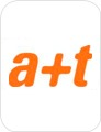 Logo de a+t con letras en color naranja en tipografía cursiva
