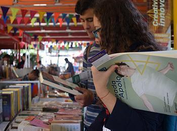 las personas se encuentran visualizando los libros que la editorial está ofreciendo, al fondo se encuentran unos banderines característicos de un festival