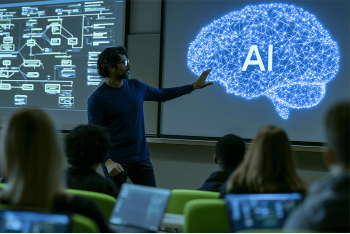 Un profesor señala una pantalla que muestra un cerebro azul brillante con las letras "AI" y un diagrama de nodos, ante un aula a oscuras con estudiantes cuyos portátiles están abiertos.