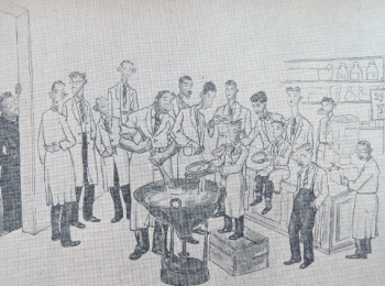 Caricatura de un grupo de estudiantes que está en un laboratorio de química. En el centro sobresalen dos que preparan una sustancia