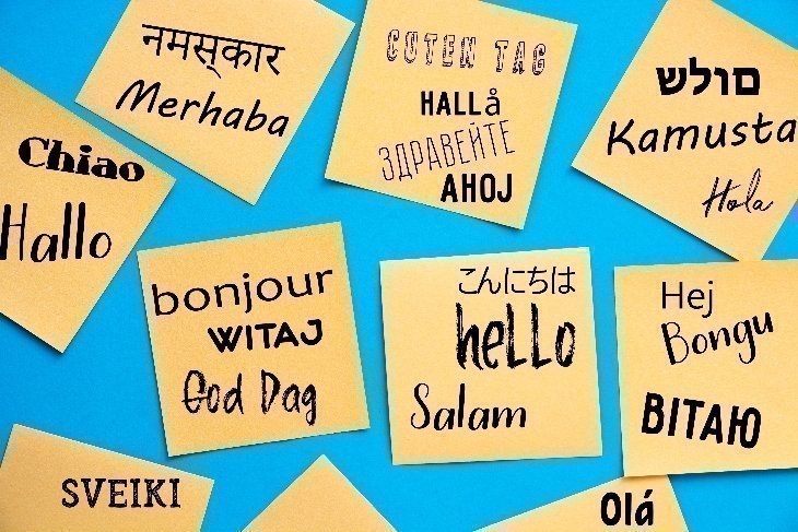 Papeles con saludos en diferentes idiomas