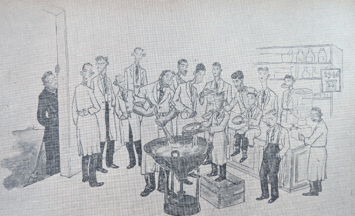 Caricatura de un grupo de estudiantes que está en un laboratorio de química. En el centro sobresalen dos que preparan una sustancia