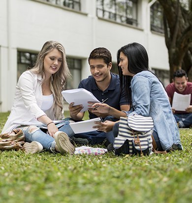 estudiantes en el campus universitario leyendo un libro