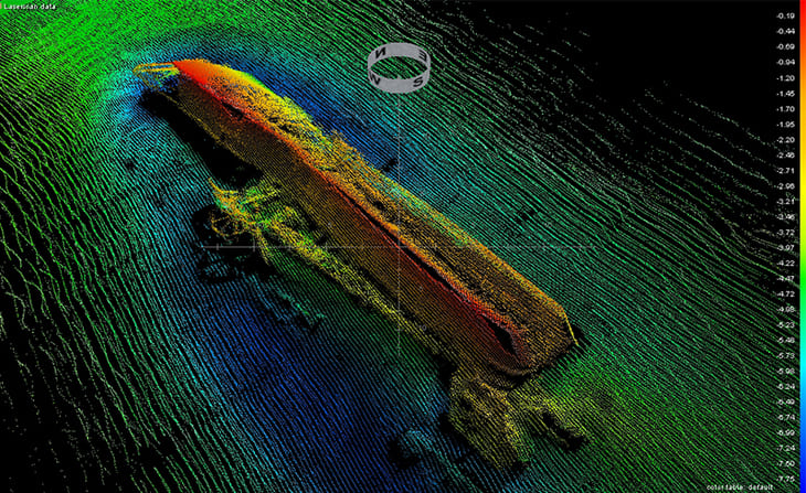 Reconstrucción de un naufragio Tritonia en el Pacifico colombiano, a través de sensores acústicos, Ecosonda Multihaz. fotografía cortesía GEOMARES S.A.S