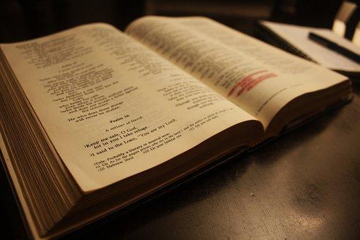 Sobre una mesa se encuentra la Sagrada Biblia abierta y con un párrafo resaltado en fucsia.