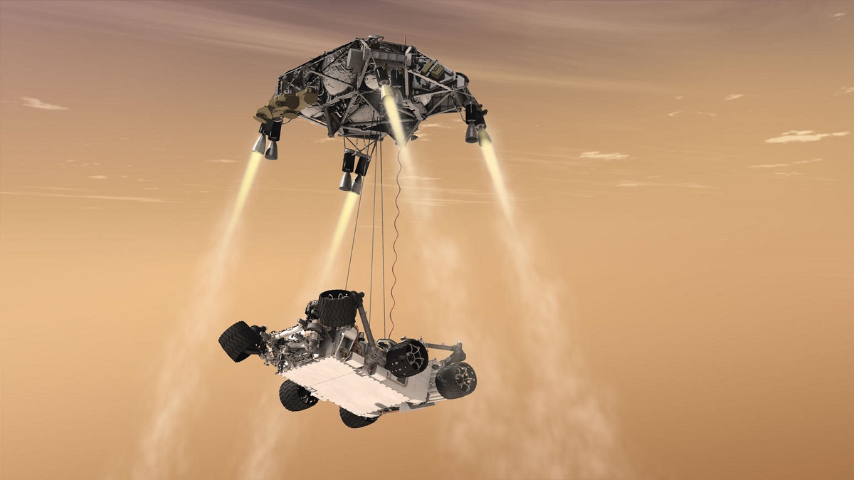 El dispositivo Skycrane está diseñado para mitigar la caída del Rover.