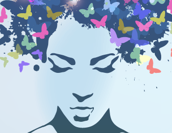Ilustración mujer con ojos cerrados y mariposas en la cabeza