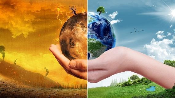 ilustración de una mano sosteniendo un mundo. El lado izquierdo simula el calentamiento global y el derecho un mundo verde